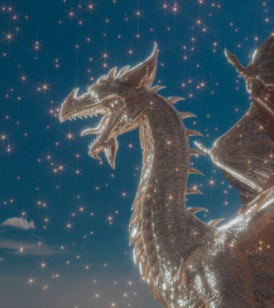 A majestic dragon's head with shimmering scales against a starry sky.